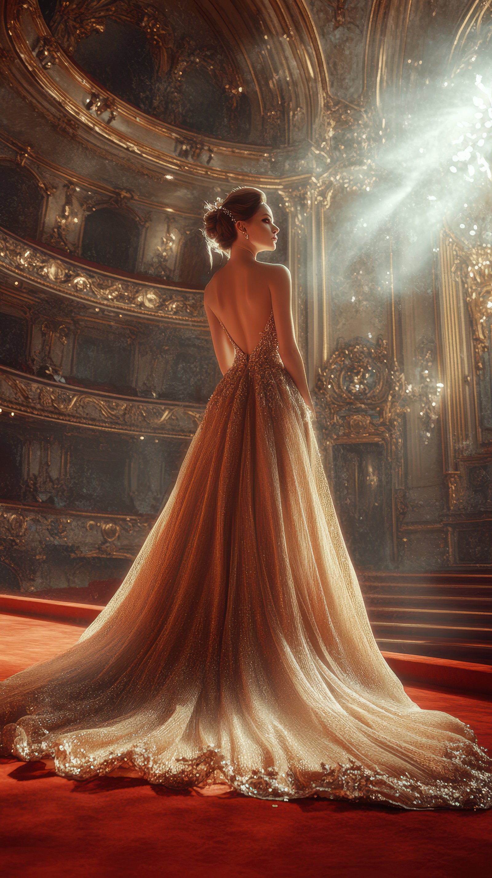 Elegant woman in stunning gown at opulent theater during spotlight moment